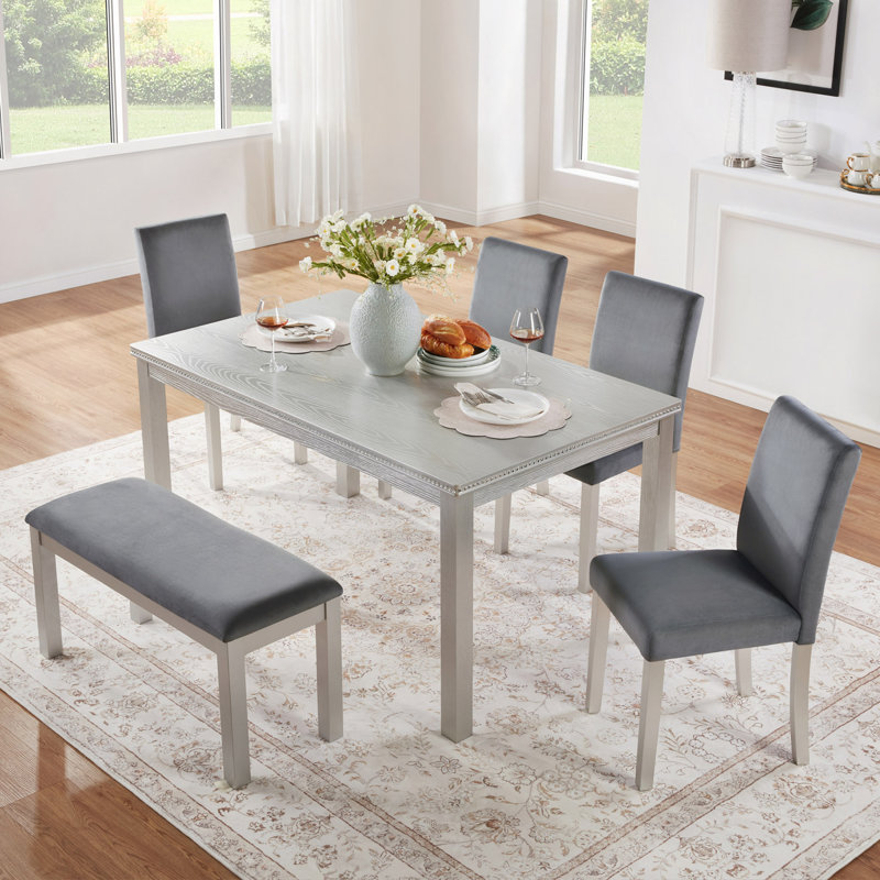 Ensemble de table de salle à manger 6 pièces en bois, table de salle à manger en bois avec 4 chaises rembourrées et banc pour 6 personnes, ensemble de table de salle à manger rectangulaire avec décoration en cristal pour la cuisine, la salle à manger