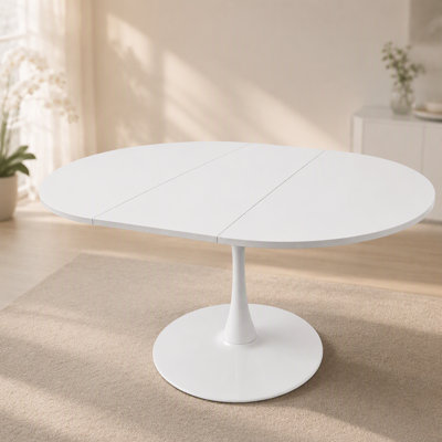 57.87" White Round Extendable Dining Table for 4-6,Modern Dining Table,Tulip Table,MDF Tabletop And Metal Pedestal,Modern Oval Dining Table,Mid Centur
