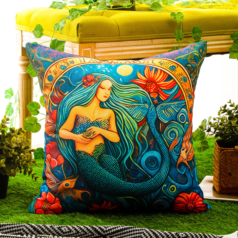Indoor / Outdoor Floral Blue Square Throw Cushion Cover