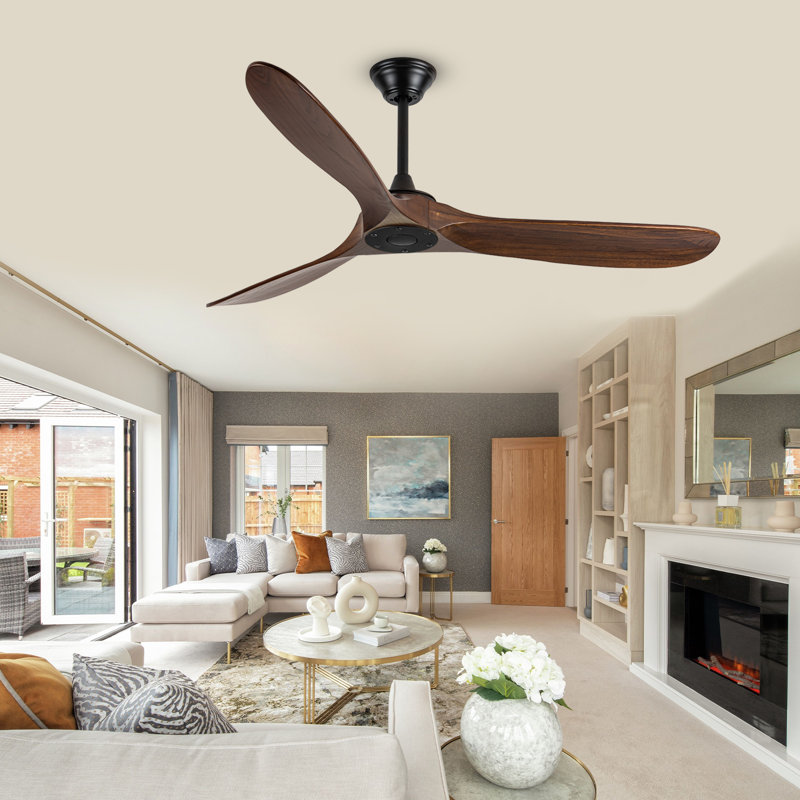 Solid Wood Ceiling Fan With Remote,3 Blade Reversible Dc Motor, Quiet Cooling For Living Room Or Bedroom, 154cm, Walnut
