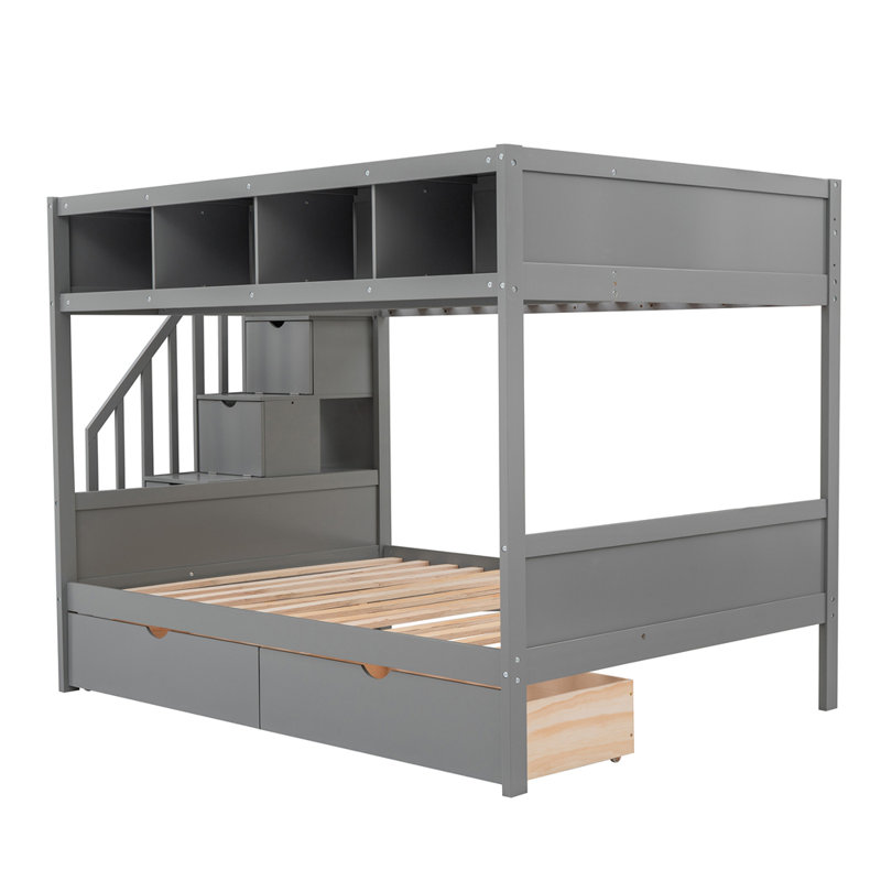 Lit superposé simple au-dessus de double avec tablettes, escalier de rangement et 2 tiroirs, Gris