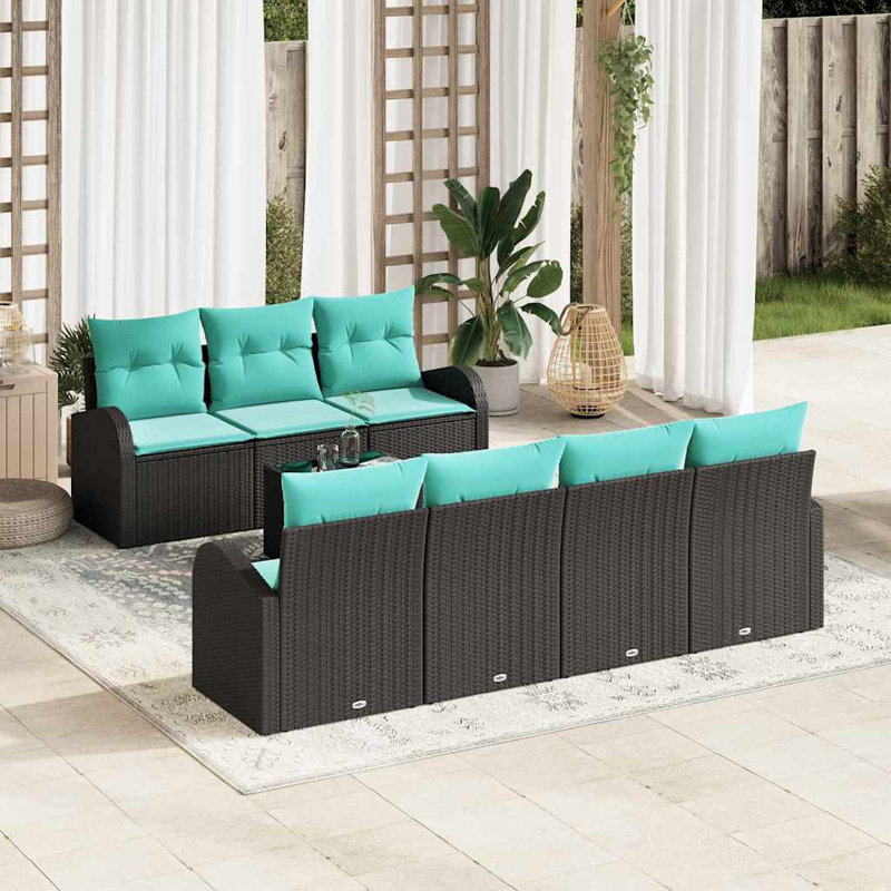 Ensemble de canapé de jardin Vidaxl 8 pièces 55 x 55 x 37 cm en poly rotin noir, Coussin bleu / cadre noir