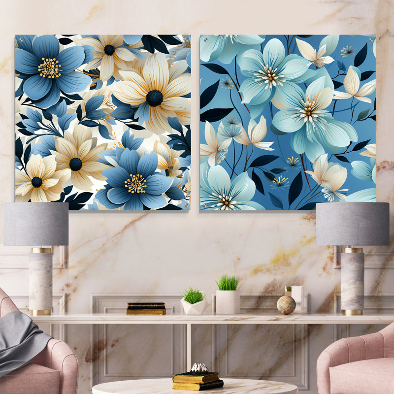 «Blue Coastal Harmony», ensemble de 2 fleurs murales en acrylique, H 16 po x l 33 po