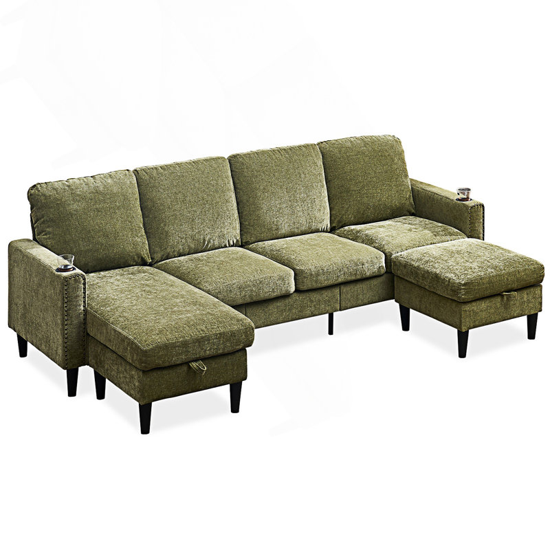 4 Seat Comfy Modular Sofa Couch, Green Chenille