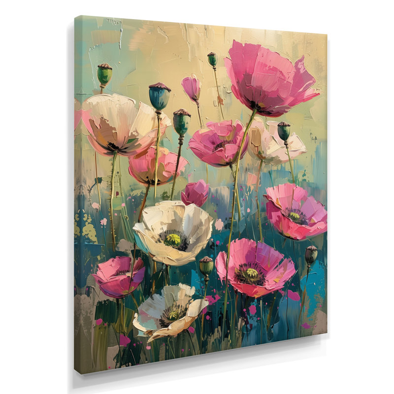 «Pink White Vibrant Symphony Poppies I», reproduction d'art murale coquelicots, Toile tendue, H 20 po x l 12 po x P 1 po