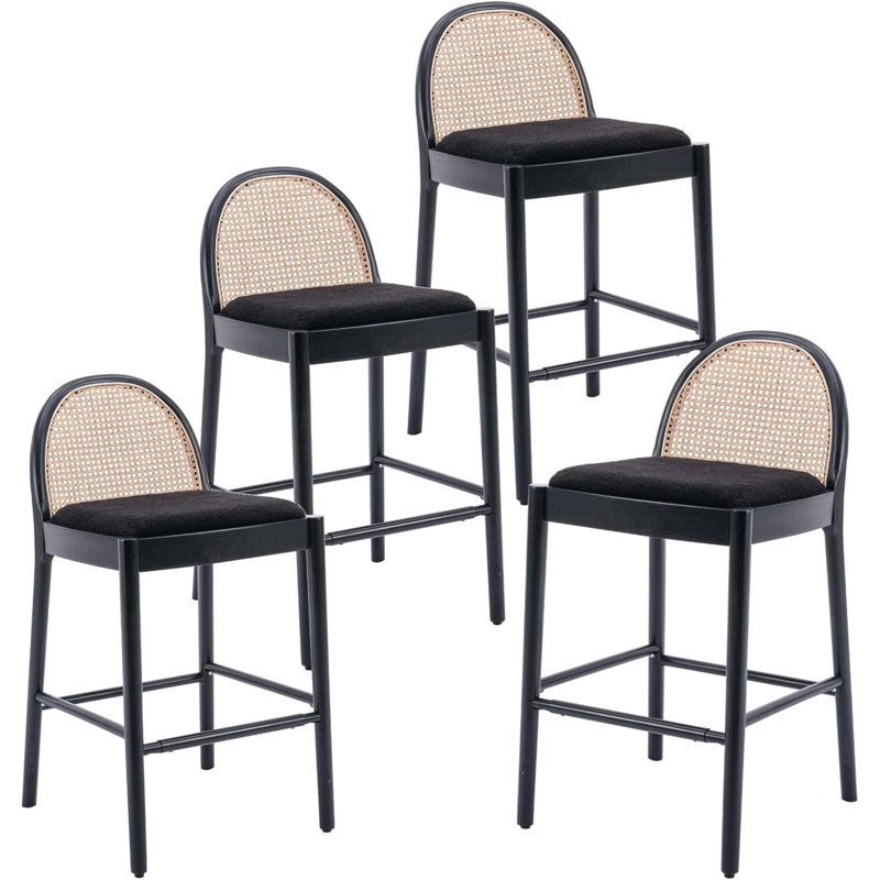 Tabourets de bar modernes avec tabourets de bar rembourrés avec dossier en rotin et pieds en bois, Noir, noir, noir, noir