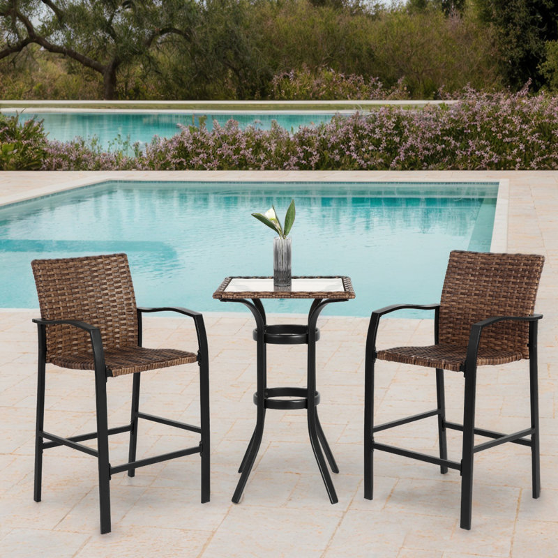 Ensemble de 3 tabourets de bar d'extérieur, chaises de bar en rotin, plateau de table en verre, tabourets de bar en osier pour la cour, le jardin, la piscine, le balcon et la terrasse, brun