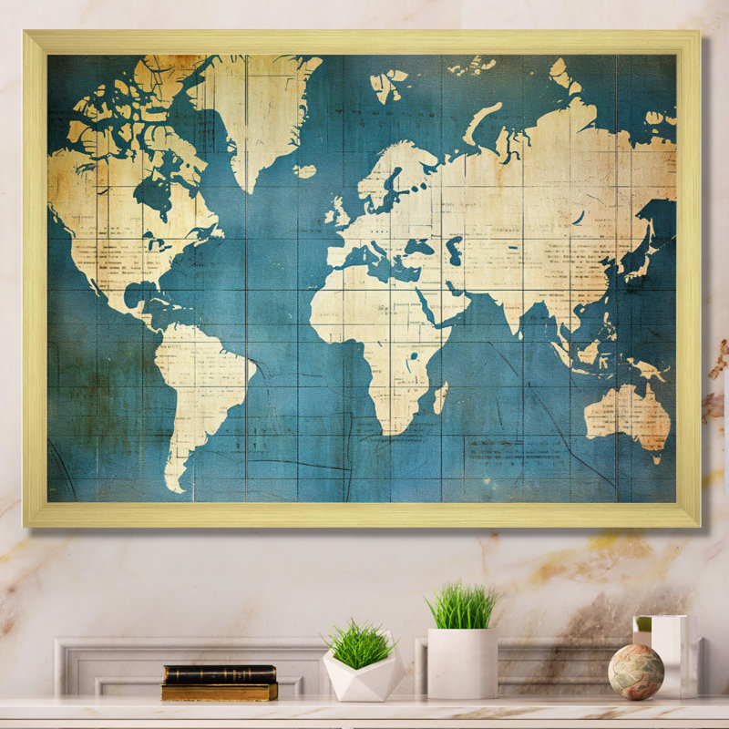 Ancienne carte du monde VI, reproduction d'art sur toile, H 30 po x l 40 po x P 1,5 po, Cadre doré à une seule photo