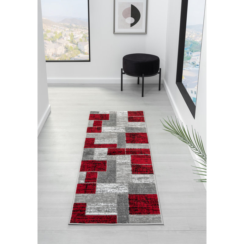 Tapis géométrique gris / rouge Pece, Tapis de couloir 2 pi x 6 pi