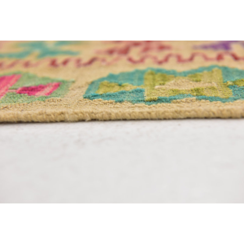 Tapis en laine bleu/vert/beige 4 pi 2 po x 6 pi 2 po noué la main one-of-kind Doorfield