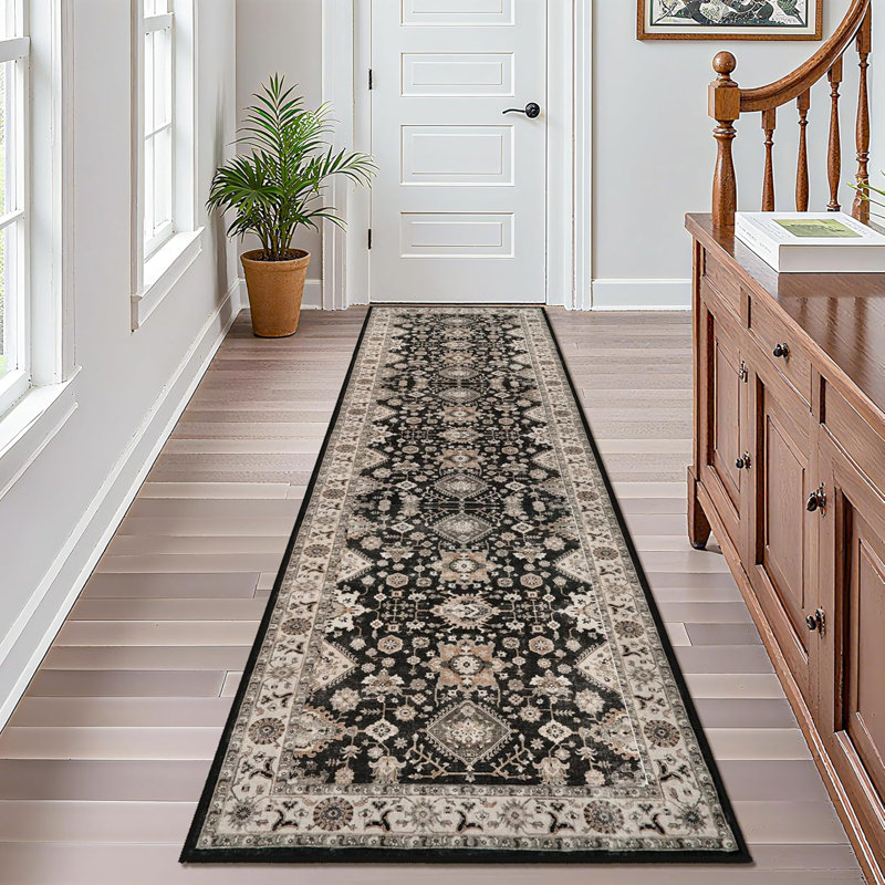 Washable Hallway Rug: Non Slip Rugs with Rubber Backing Soft Kitchen Rug Farmhouse Distressed Carpet Runner for Living Room Bedroom Bathroom (Black)