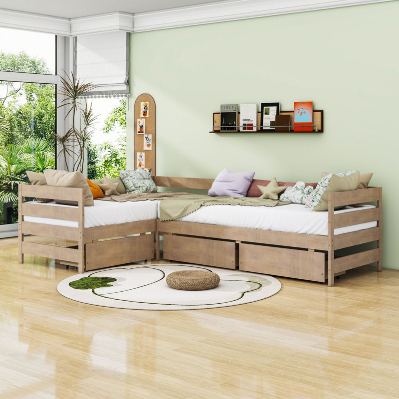 Lit plateforme simple en bois avec tiroirs et lattes, Naturel