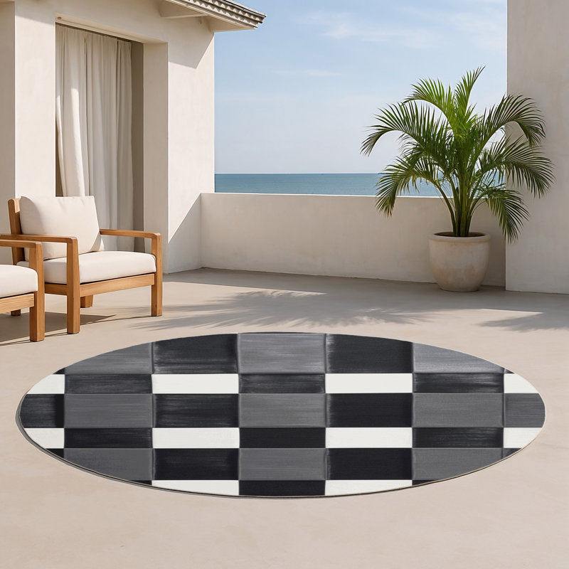 Tapis d'intérieur et d'extérieur à carreaux gris, Rond 5 pi