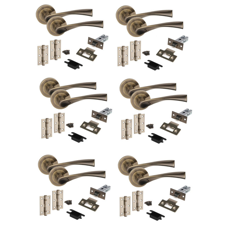 6 Sets Astrid Design Door Handles in Satin Brass Finish with Tubular Latch and 1 Pair of 3" Ball Bearing Hinges