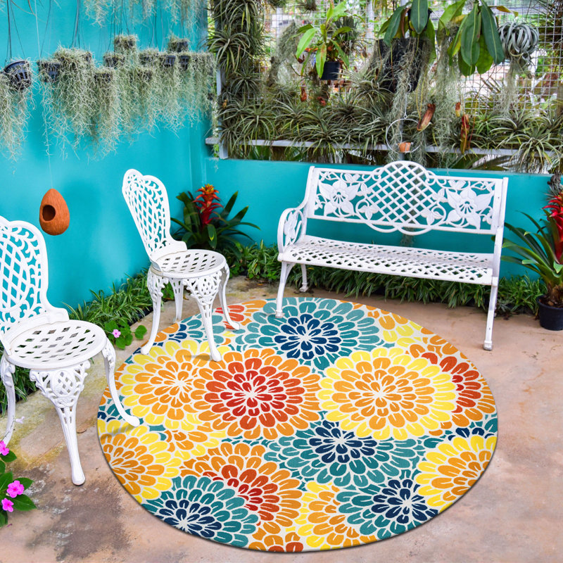 SUNSHINE Floral Outdoor Area Rug Yellow/Red/Blue, Round 6'