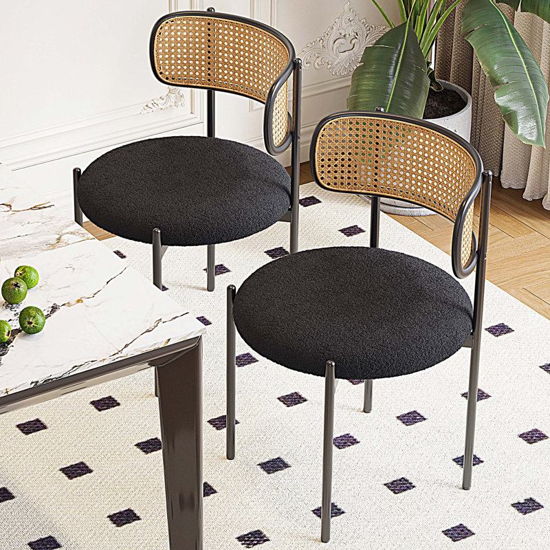 Chaises de salle à manger rembourrées modernes avec dossier en rotin, ensemble de 2, Noir