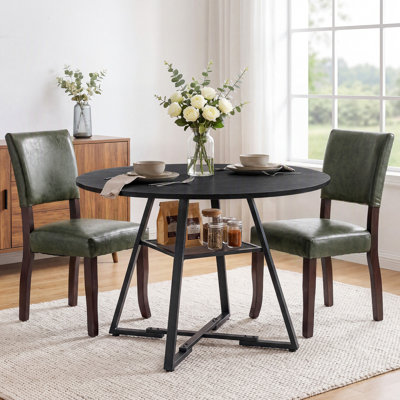 Ensemble de table de salle à manger: table de salle à manger ronde industrielle de 47 po avec pieds en croix et tablette de rangement en filet et chaises de salle à manger rembourrées en bois de style Mid-Century