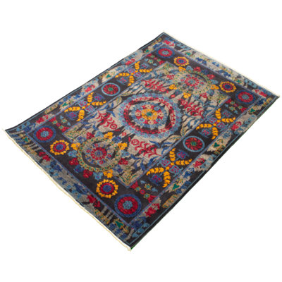 Tapis décoratif en laine rouge/bleu marine/jaune 6 pi x 8 pi 4 po noué à la main New Age Lahore
