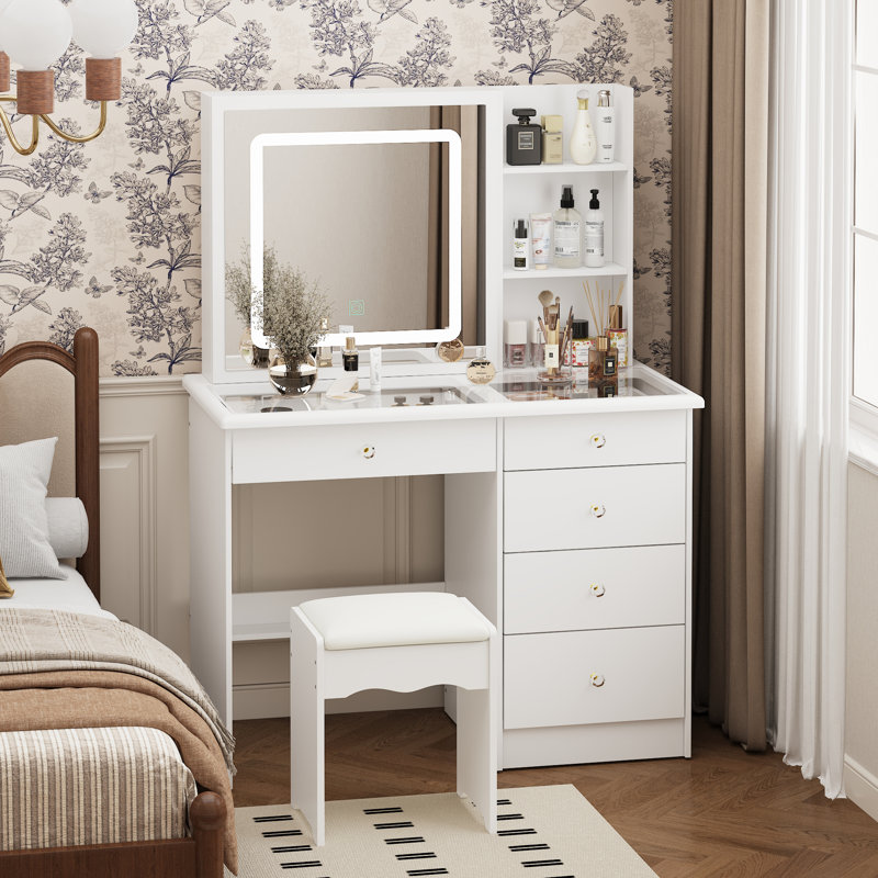 Vanity Desk Set Makeup Table with Large Sliding Lighted Mirror & Top, Modern Dressing Table with Drawers, Storage Shelves & Stool for Bedroom, White, 50.1 cm(W)× 100 cm(D)× 135 cm(H)