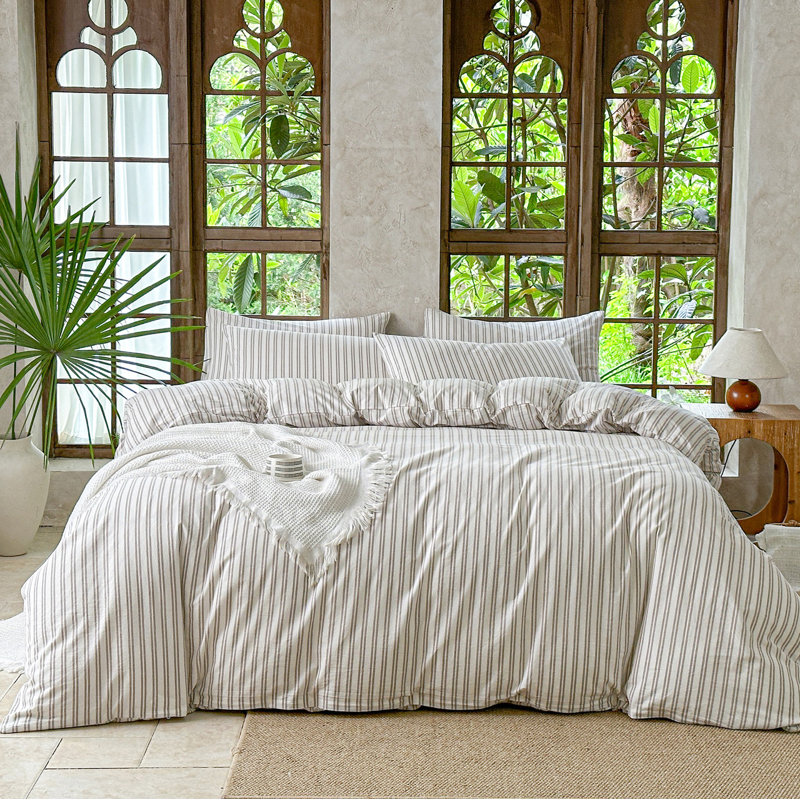Ensemble de housse de couette rayé 100% coton délavé DONEUS, Housse de couette double + 2 taies d'oreiller stan