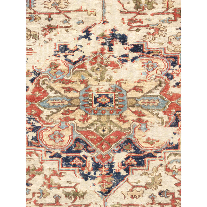 Hand-Knotted Ivory and Navy Wool Square Area Rug