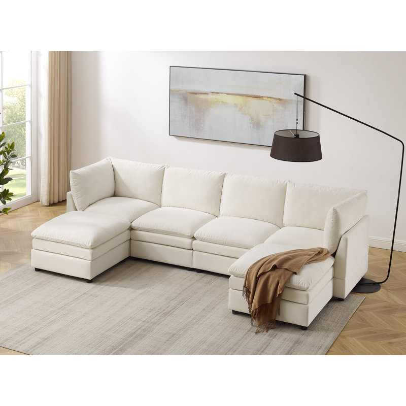  Canapé modulaire rembourré 6 pièces Cann avec 2 repose-pieds Cann, Mélange de polyester blanc