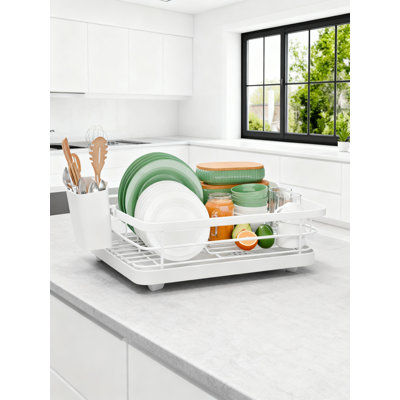 Compact Dish Drying Rack With Utensil Holder And Adjustable Drain Spout, Rust-Proof Space-Saving Kitchen Counter Organizer