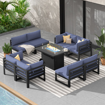 9-Piece 8-Person Outdoor Patio All-Aluminum Sectional Conversation Set with 60,000 BTU Fire Pit Table and Cushions