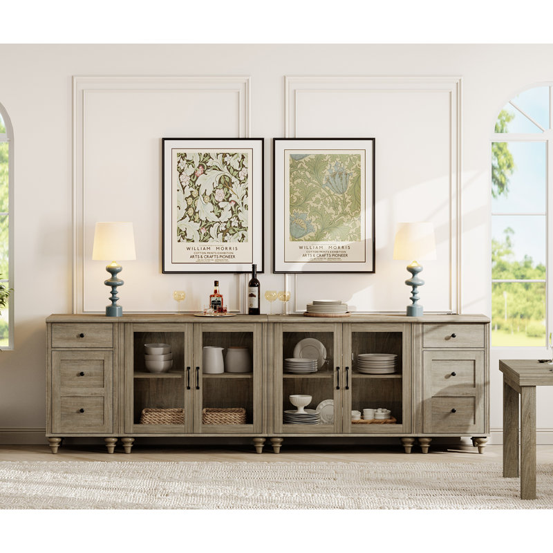 Scarlett Sideboard Cabinet with 4 Glass Doors and Multiple Drawers, Wash Gray