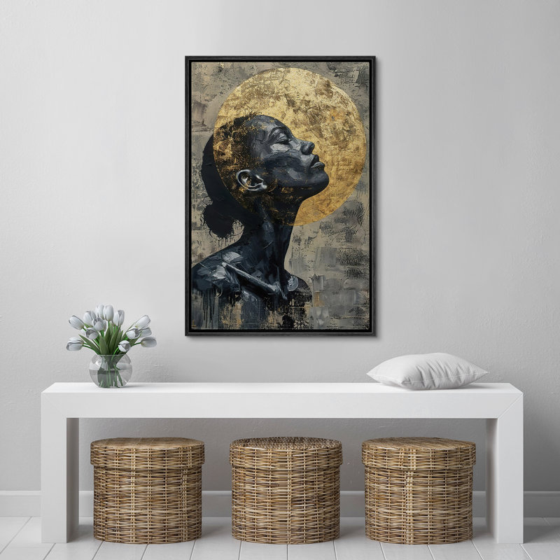 Golden Sun Circle Moody Fashion Girl's Art, reproduction d'art sur toile encadrée, Cadre noir, H 24 po x l 16 po