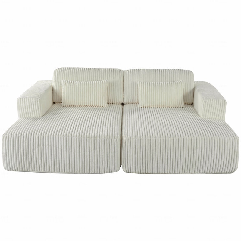 Sectional Sofa Bed, Corduroy 2-Seater  With 2 Throw Pillows, White Polyester
