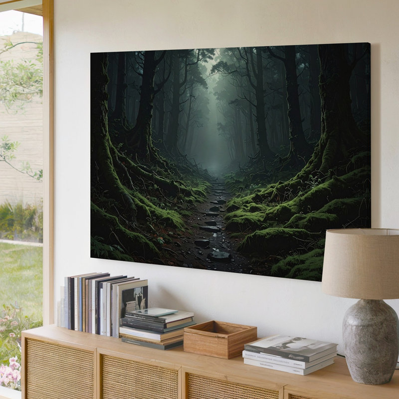 «Mystical Forest Path», art mural sur toile avec lumière pâle et sentier moussu, H 9 po x l 12 po