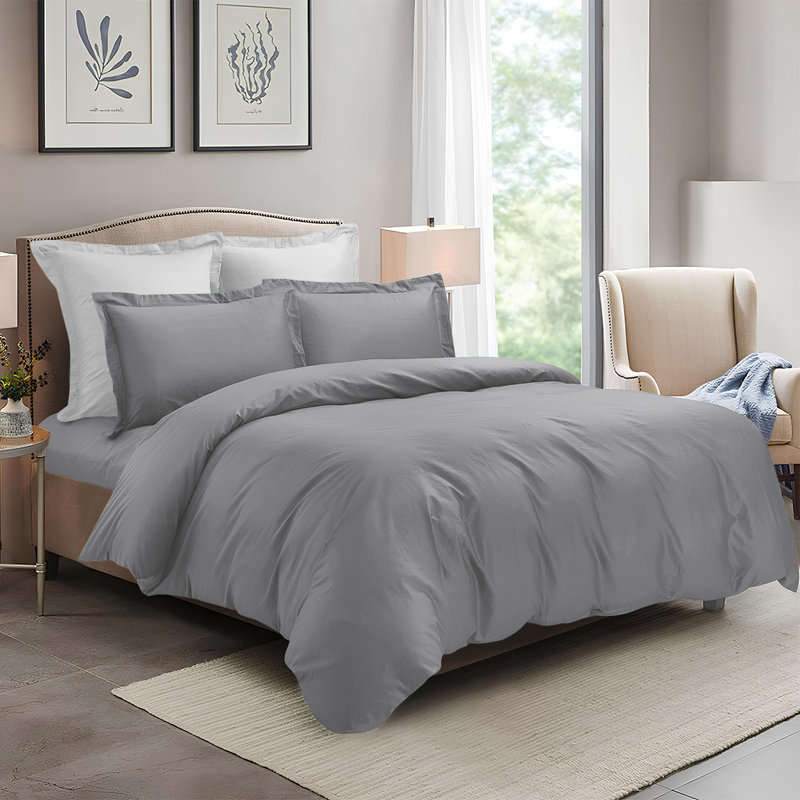 4 Piece Complete Bedding Set Duvet Cover Set With Fitted Bed Sheet & Pillowcases, Silver