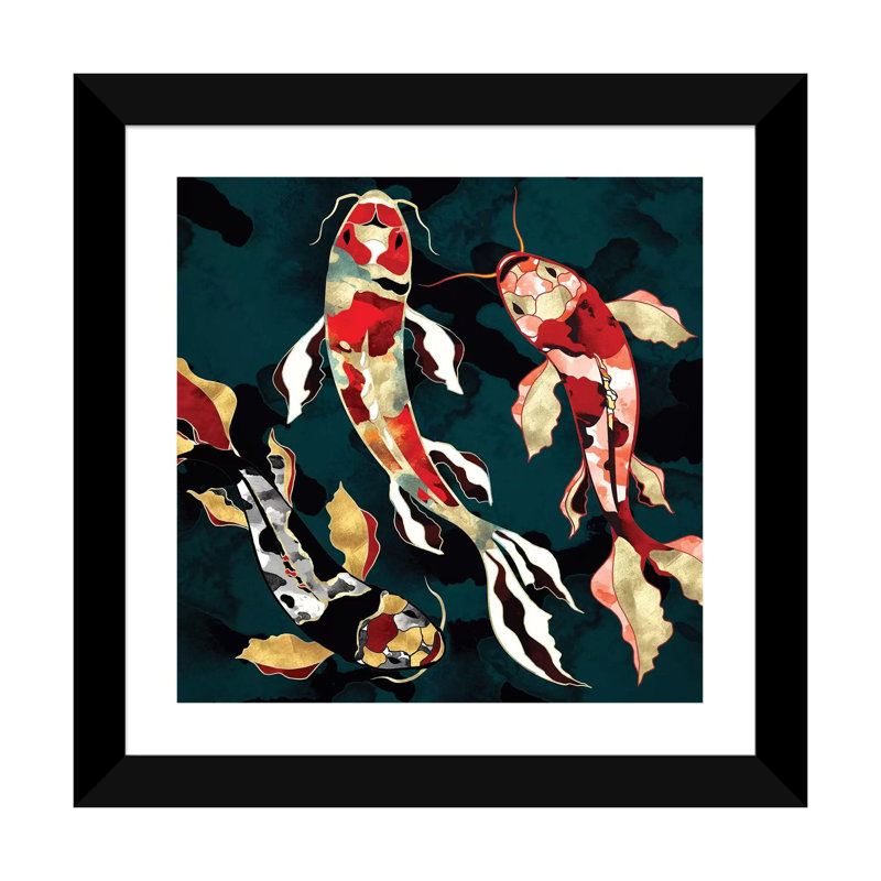 Metallic Koi - impression d'art graphique, 16" H x 16" W x 1" D, Black Framed Paper, Blanc