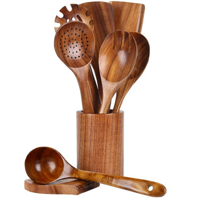 Ensemble d'ustensiles de cuisine 9 pièces, ensemble d'ustensiles de cuisine en bois, résistant à la chaleur antiadhésif