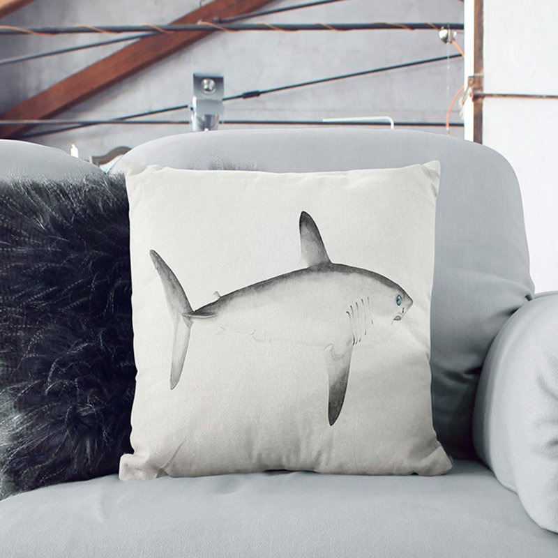 Illustration of a Porbeagle Shark by F.E. Clarke Cushion with Filling, 40cm H x 40cm W x 15cm D, Black