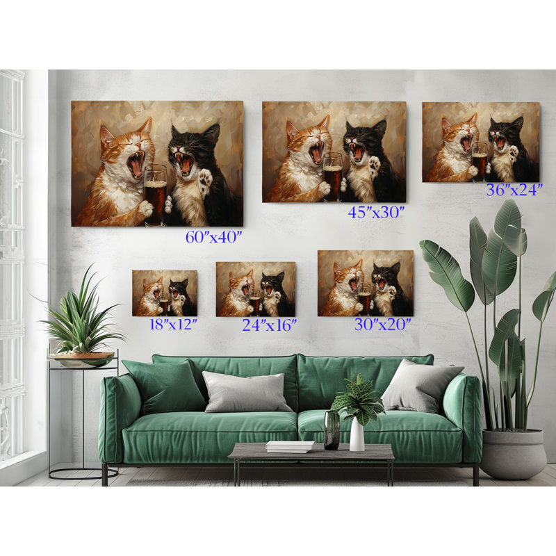Deux chats avec bière, impression sur toile, décoration murale moderne pour la maison et le bureau, H 16 po x l 24 po