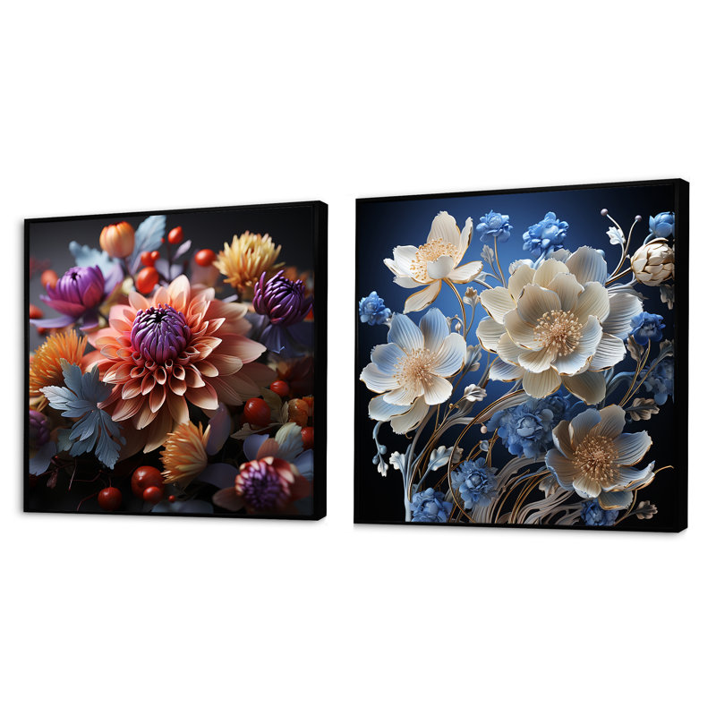 Ensemble de 2 fleurs de néon rose et bleu, Cadre flottant noir, H 36 po x l 73 po