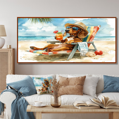 Brown Dachshund Dog On The Beach Lounging I - Coastal Animal Wall Art Print
