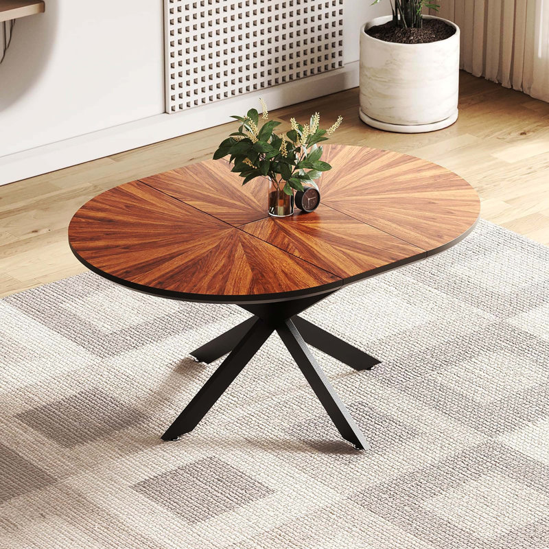 Table de salle à manger ronde extensible en noyer de 47,2 po à 63 po pour 4 à 6 personnes, plateau en bois massif et structure en métal robuste, mobilier de salle à manger moderne