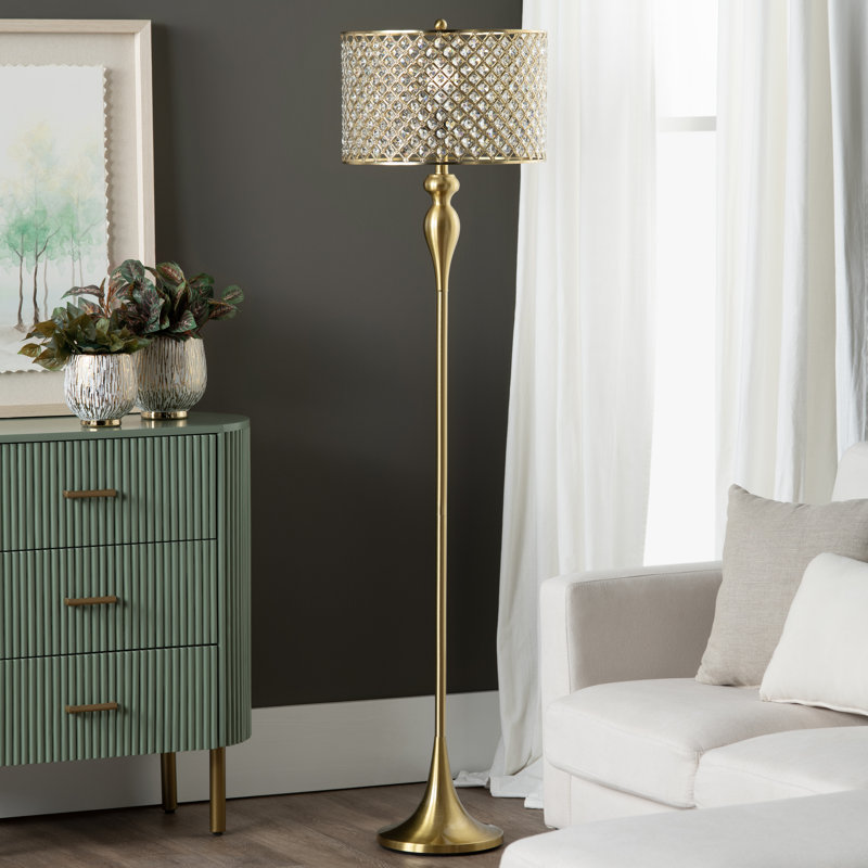 Lampe sur pied avec abat-jour double tambour, Plaqué or