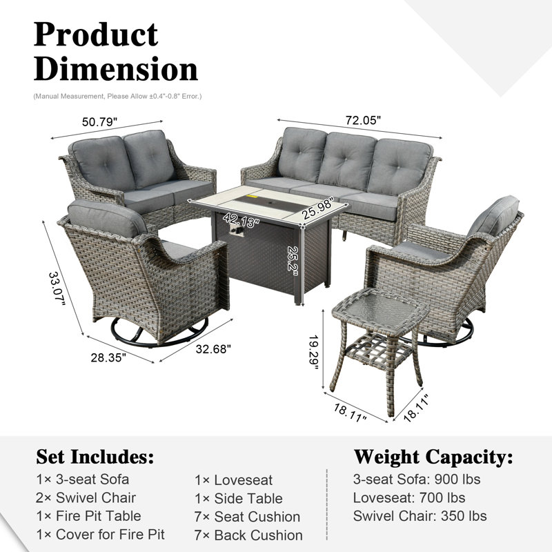 Demariea Outdoor Wicker 7 Person Seating Group With Fire Pit Table With Rocking And Swivel Chairs, Gray