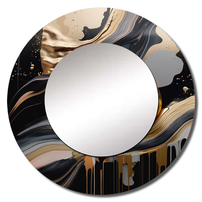 Pairlee Gold And Black Marbled Euphoria III - Marble Unique Wall Mirror, Modern Round Mirror, Printed Metal Art, 36" x 36"