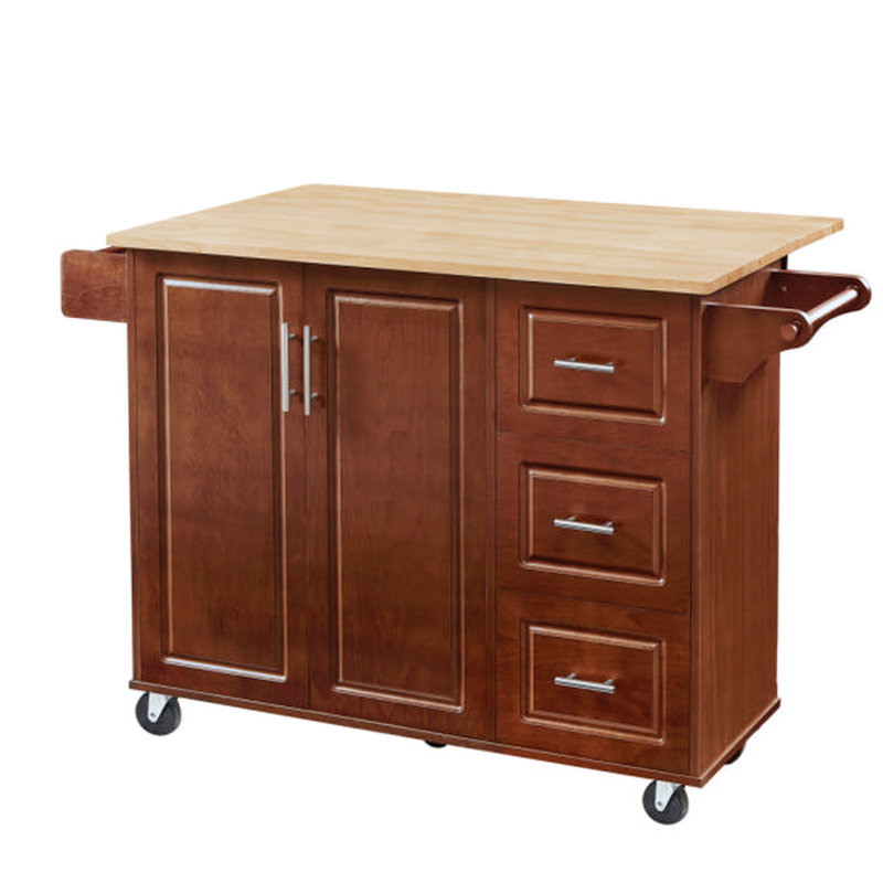 Îlot de cuisine rétro brun avec beaucoup de rangement et 3 chariots, Brun