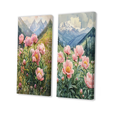 Pivoines dans la vallée balayée par le vent I - art mural floral 2 panneaux