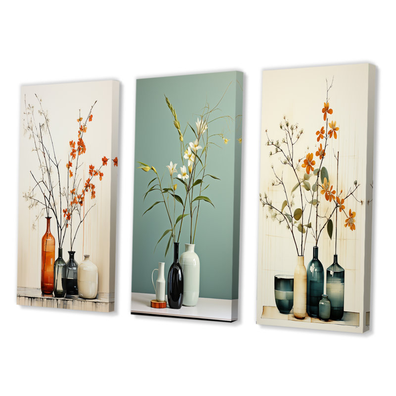 «Beige corail Mid Century Minimalist Oasis Poteries», 3 pièces sur toile, Toile tendue, H 28 po x l 36 po