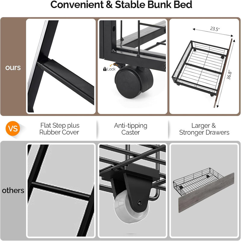 Twin Over Full Size Bunk Bed With 2 Storage Drawers/Flat Rungs/Inclined Ladder, Heavy Duty Metal Slat Support, No Box Spring Needed