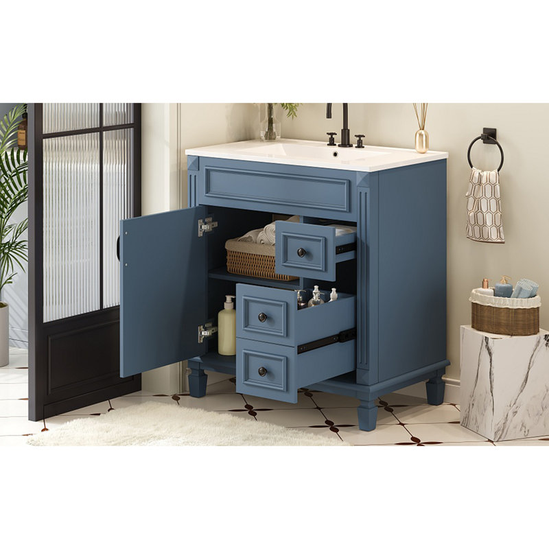 Meuble-lavabo de 30 po avec lavabo en céramique, petite armoire de salle de bain, armoire moderne avec 2 tiroirs et tablette réglable