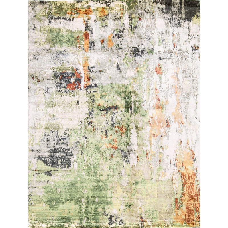 Tapis gris / vert / rouille / ivoire de haute qualité noué à la main, Sans motif ni couleur unie