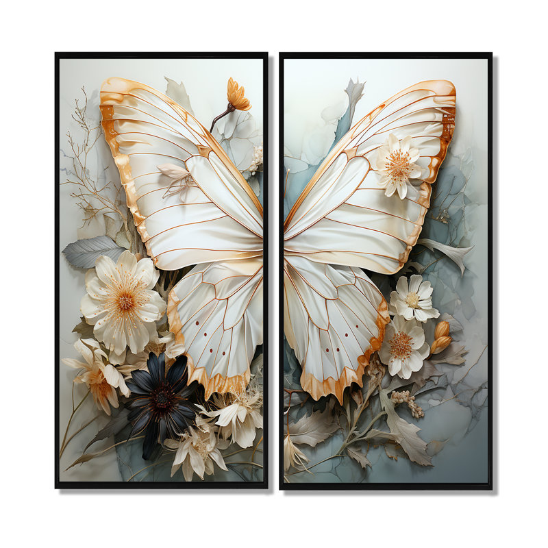 Motif complexe de papillons blancs et gris - art mural moderne bleu, ensemble de 2, H 40 po x l 40 po, Noir